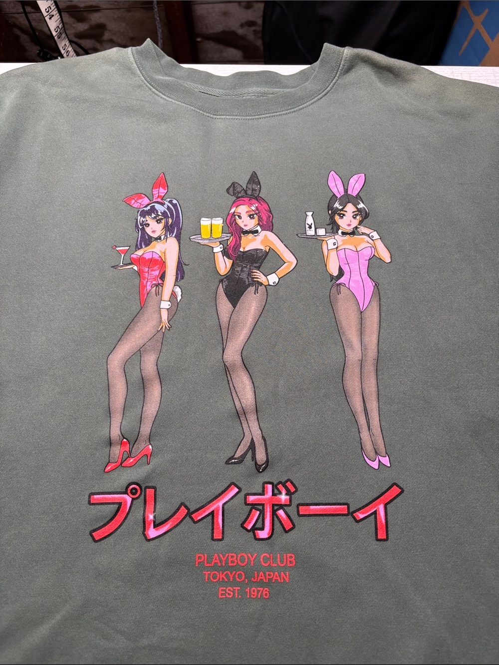 PLAYBOY Olive Green Crewneck Sweatshirt with Pink & Black Bunny Graphic